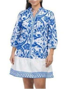 Blue & White Linen Mini Dress with Border Hem